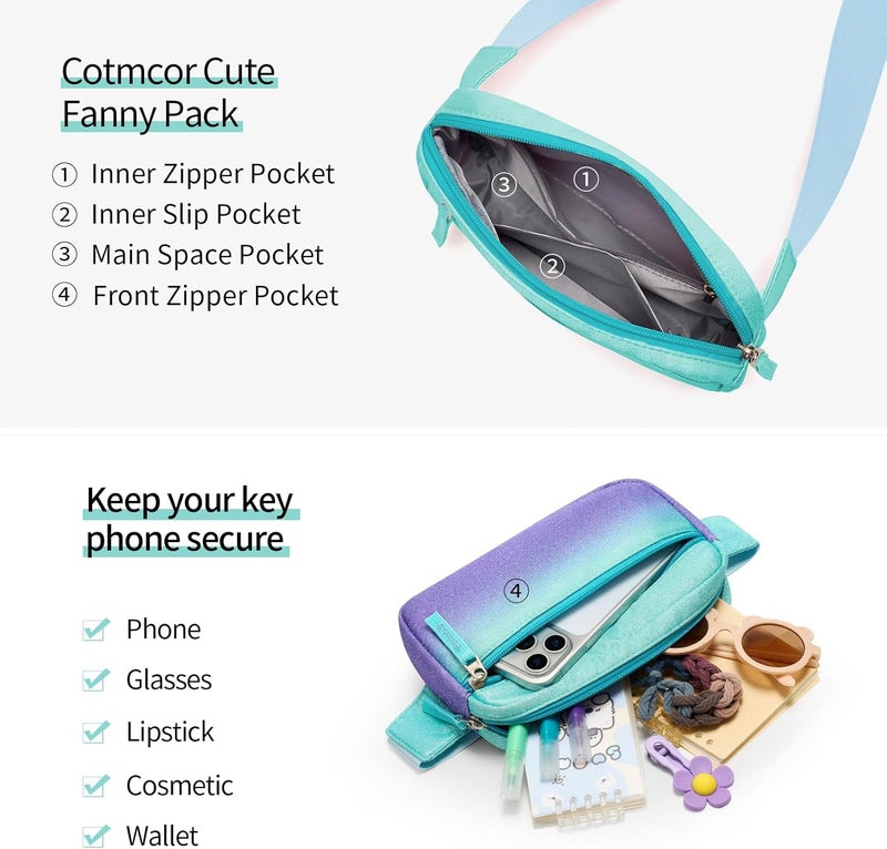 cotmcor Store Valentines Day Gifts for Kids: Fanny Pack Birthday Gift for 5 6 7 8 9 10 11 12 Year Old Teen Girls, Preppy Cute Trendy Stuff Colorblock Crossbody Bag Adjustable Belt Bags for Travel Outdoor - Image 4